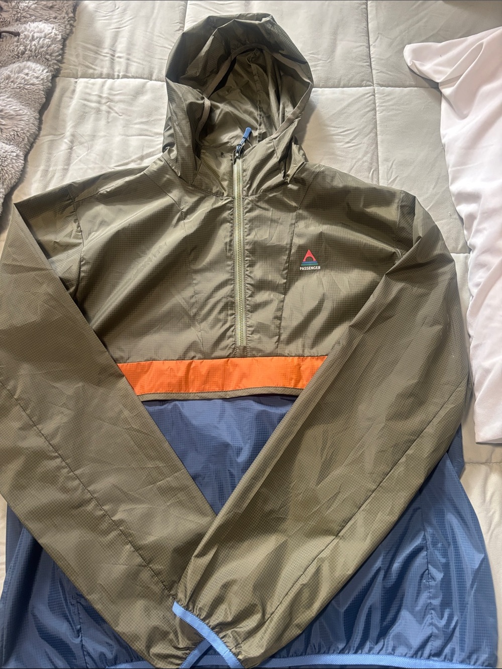 Men's Olive Hooded Windbreaker with Blue Panel and Orange Stripe